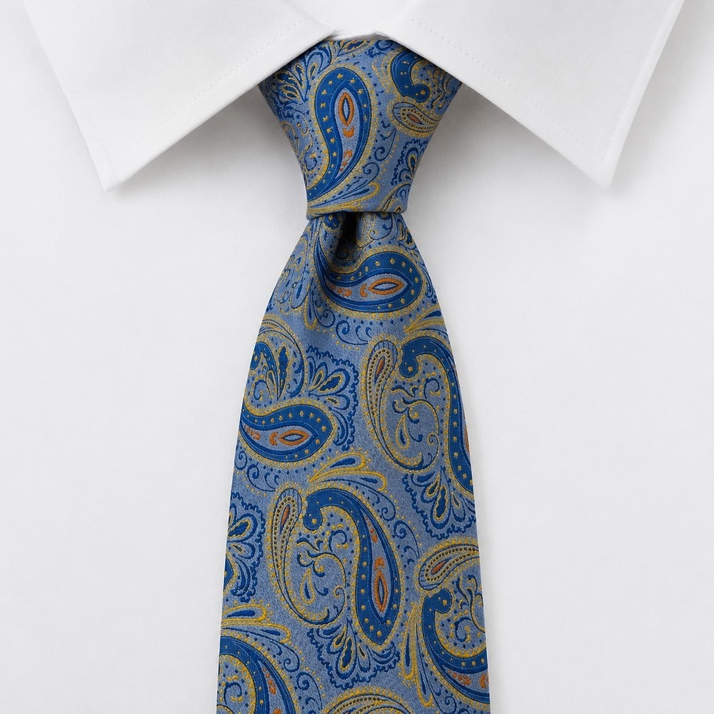 VIV Paisley Silk Necktie Mens Long Blue‎ Gold Hand Made in Italy